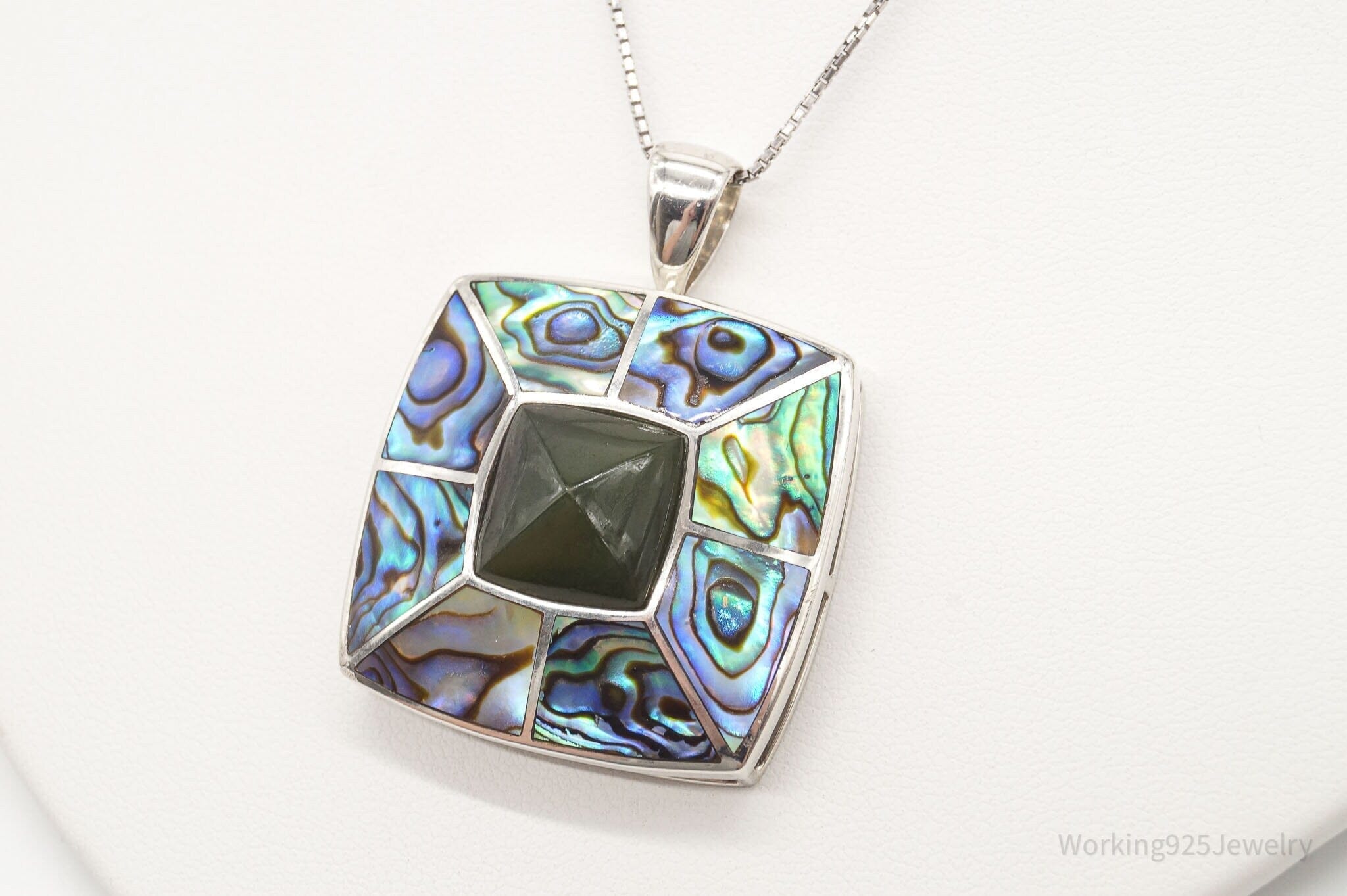 Vintage Paua Abalone Shell Green Stone Sterling Silver NecklaceJewelry > Necklaces > Pendants