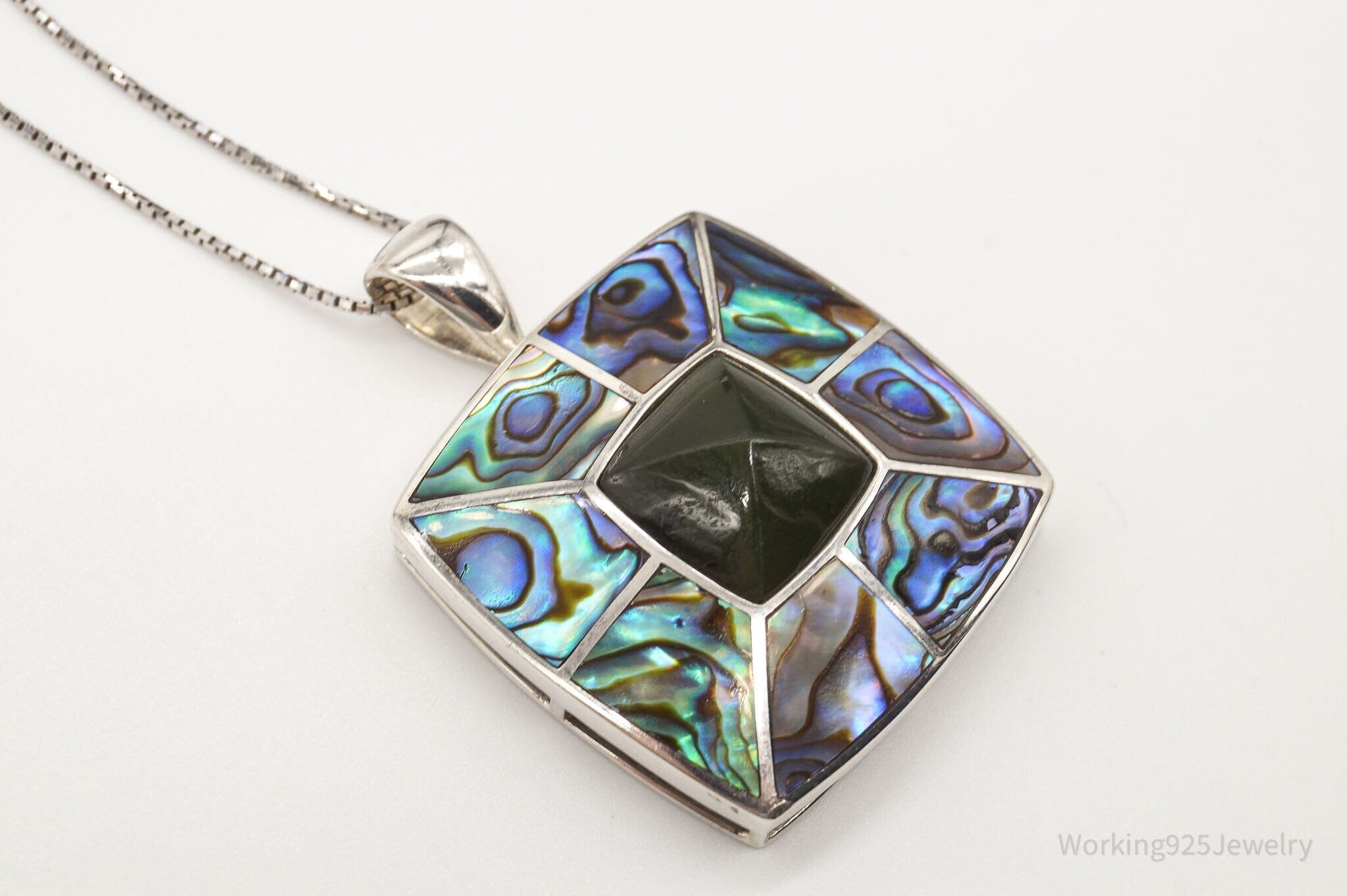 Vintage Paua Abalone Shell Green Stone Sterling Silver NecklaceJewelry > Necklaces > Pendants