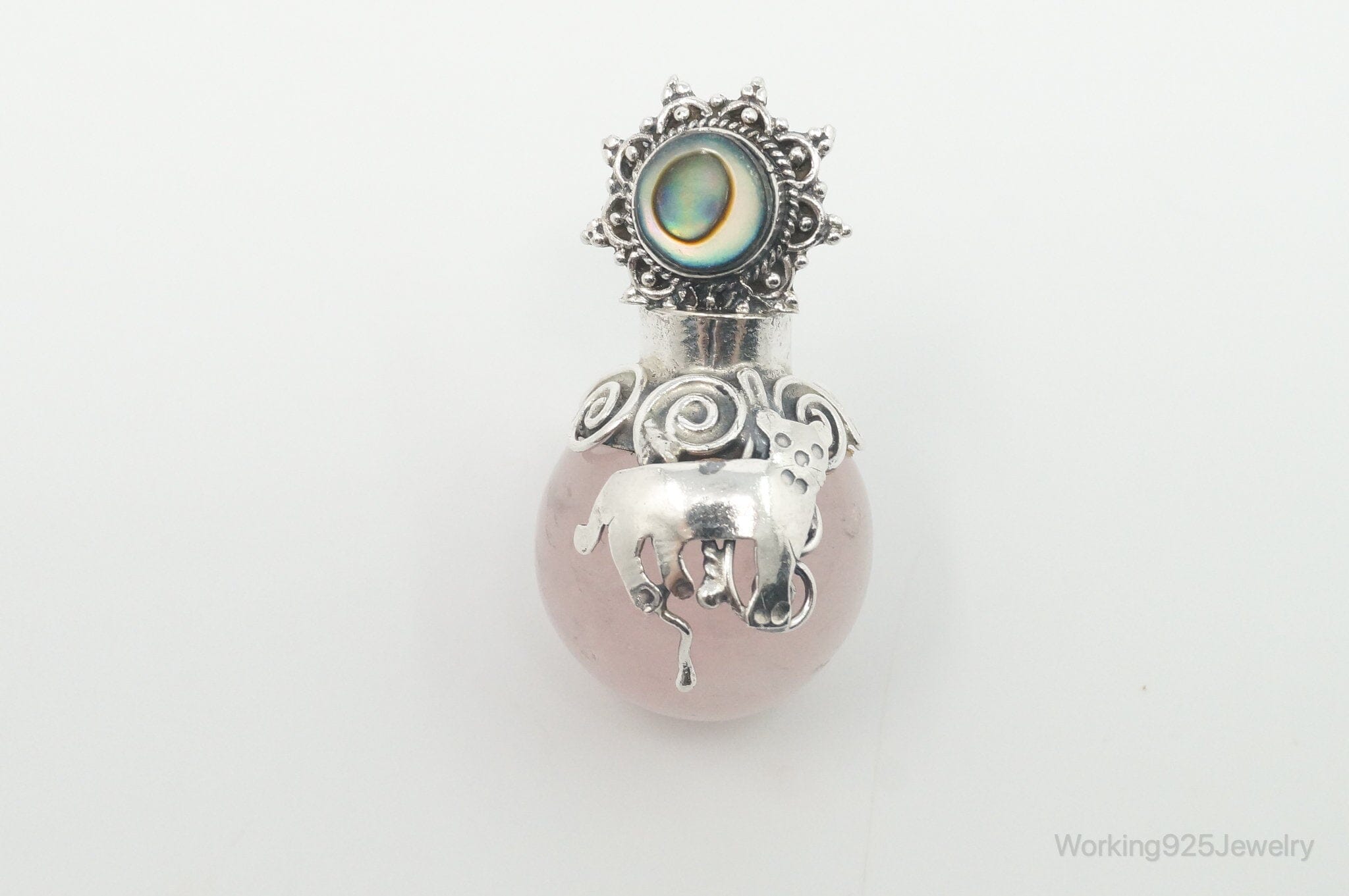 Vintage Rose Quartz Abalone Shell Bali Cat Sterling Silver Necklace PendantJewelry > Necklaces > Pendants