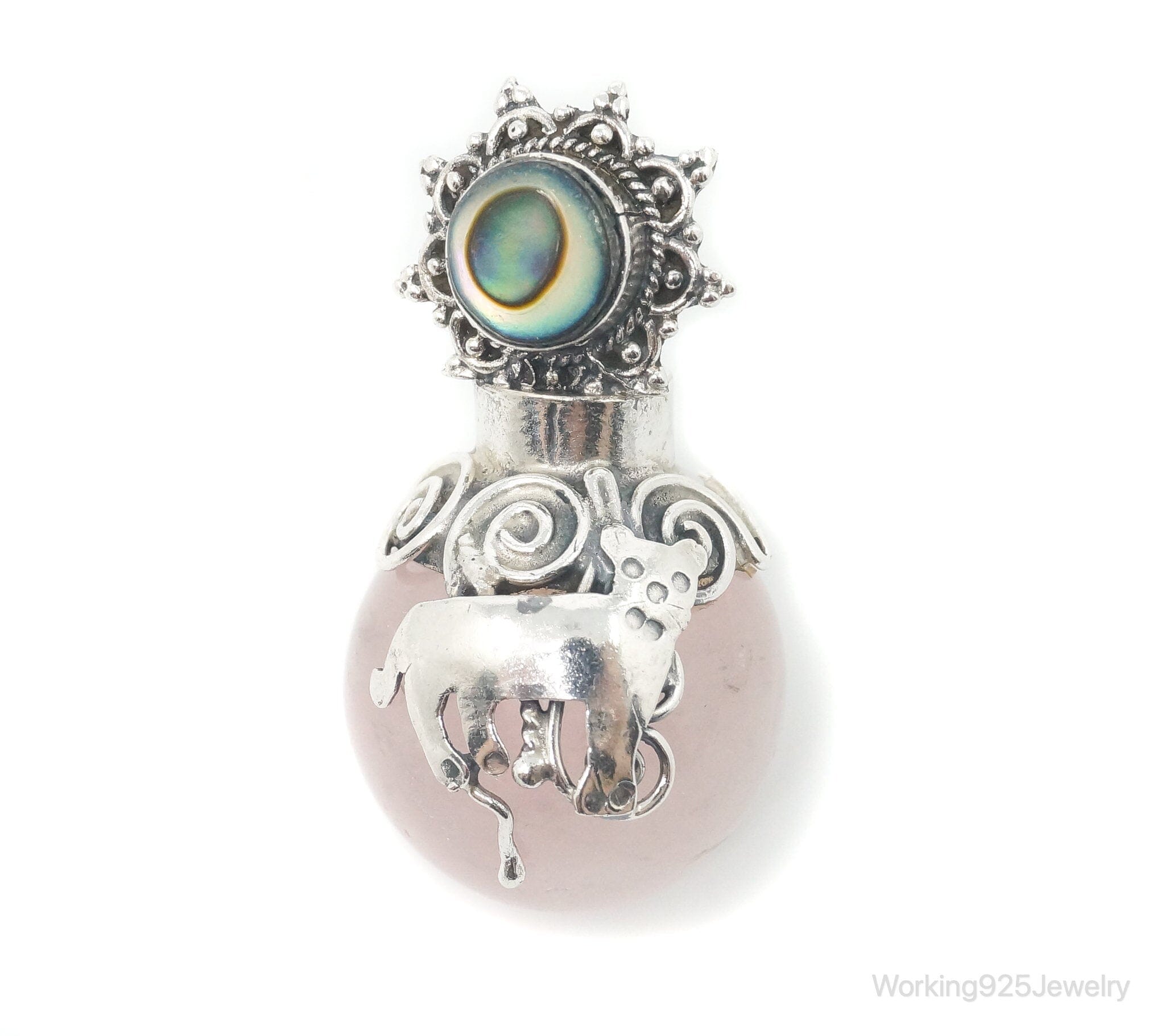 Vintage Rose Quartz Abalone Shell Bali Cat Sterling Silver Necklace PendantJewelry > Necklaces > Pendants