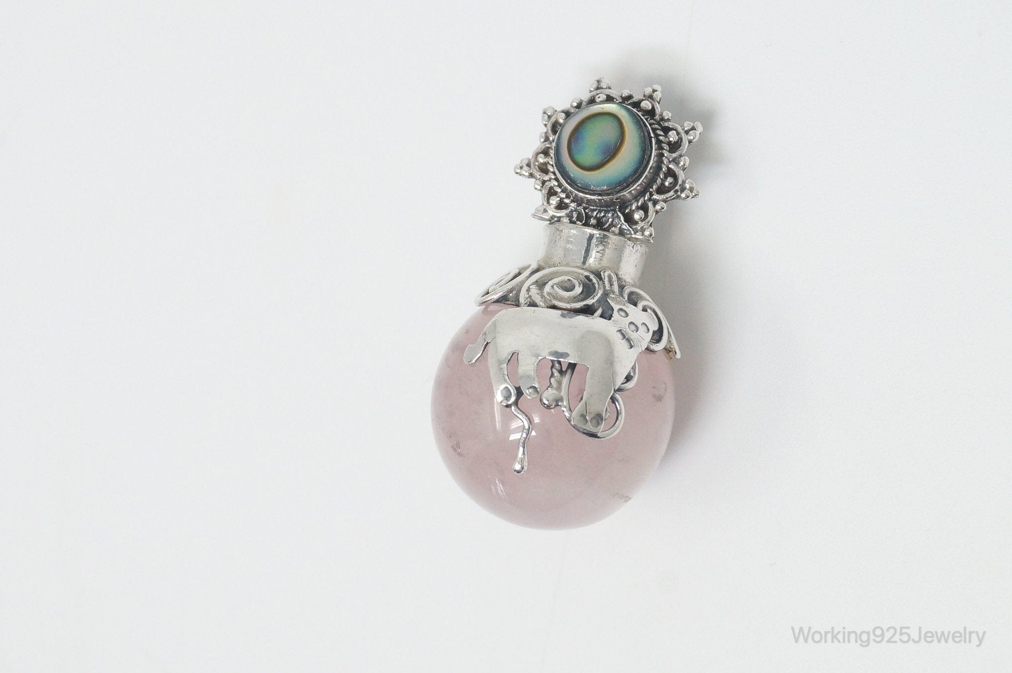 Vintage Rose Quartz Abalone Shell Bali Cat Sterling Silver Necklace PendantJewelry > Necklaces > Pendants