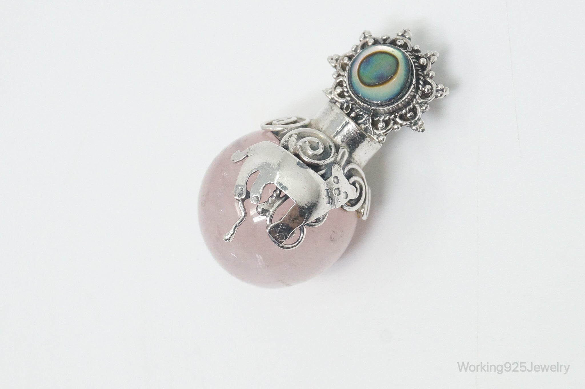 Vintage Rose Quartz Abalone Shell Bali Cat Sterling Silver Necklace PendantJewelry > Necklaces > Pendants