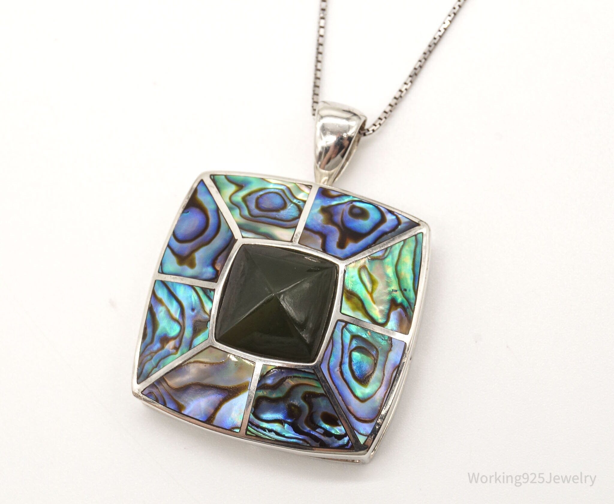 Vintage Paua Abalone Shell Green Stone Sterling Silver NecklaceJewelry > Necklaces > Pendants