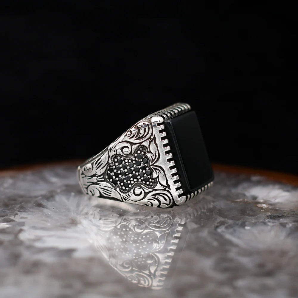 Pure 925 Sterling Silver Men Ring With Turqoiuse And Onyx Stones