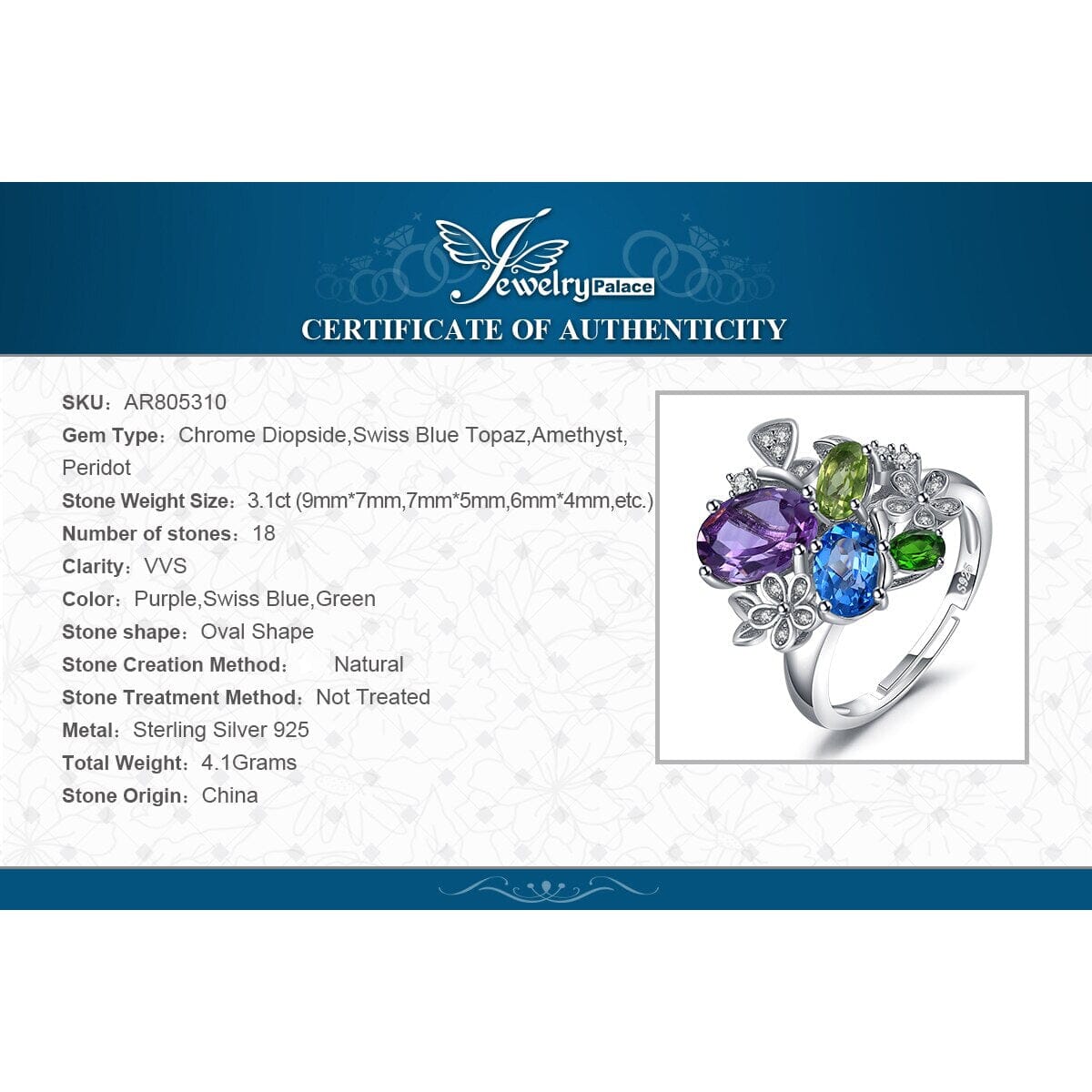 JewelryPalace Flower Natural Amethyst Blue Topaz Peridot Chrome Diopside Open Adjustable Cocktail Ring 925 Sterling Silver Women0