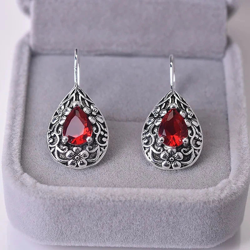 Carved Red Topaz Gemstone Garnet Earrings