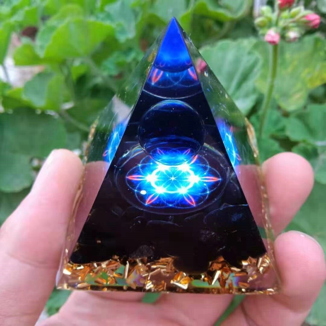 Handcrafted Obsidian Flower of Life Orgone Pyramid with K9 Blue Crystal SphereOrgone Pyramid