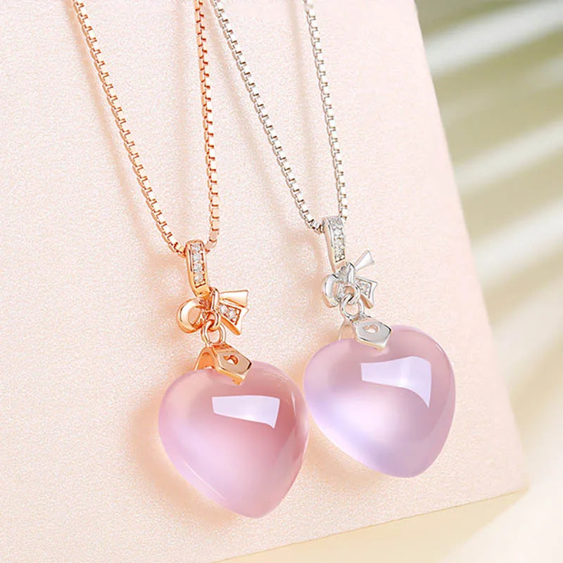 Rose Quartz Pink Heart Crystal Pendant NecklaceNecklace