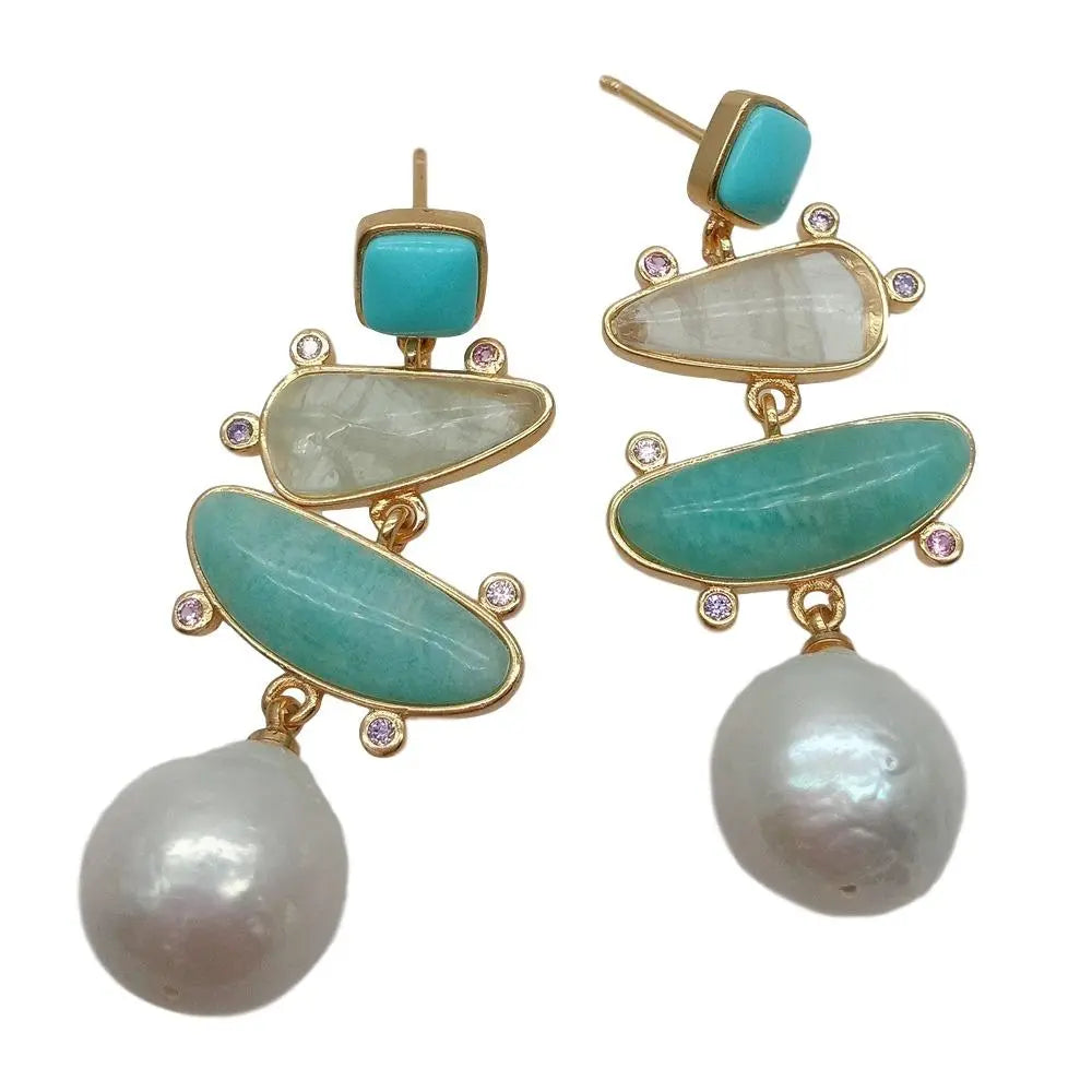 Natural geometric Turquoise Amazonite Freshwater White Pearl Stud Earrings