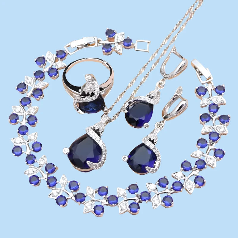 Silver 925 Jewelry Sets Blue Sapphire Natural Zircon Costume Jewelry Kits Indian Jewelry for Women Necklace SetCHINABlue