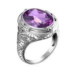 Aquamarine Ring Handmade Vintage Engraving Pattern Men's RingAmethyst P6