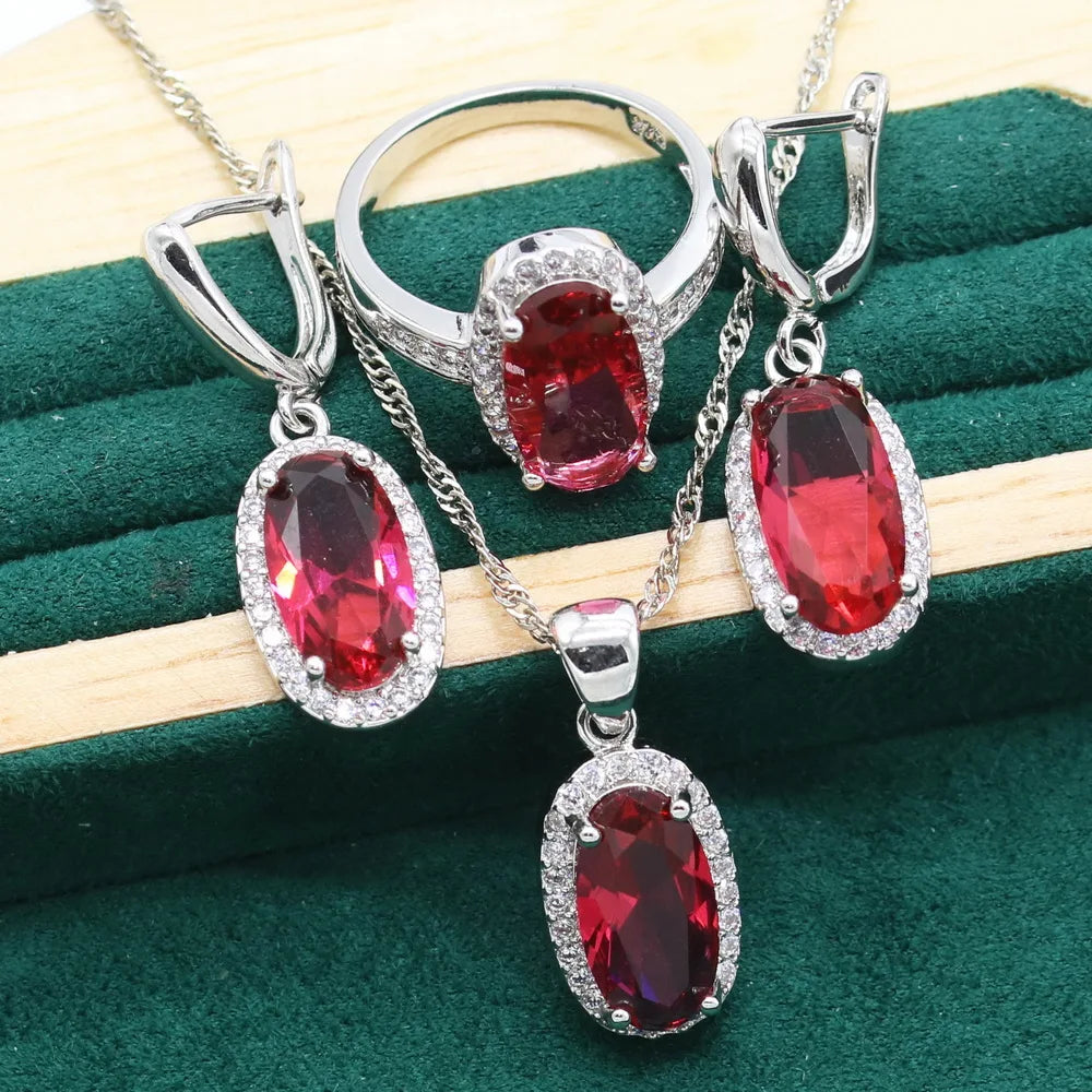 Red Ruby 925 Silver Jewelry Sets For Women Wedding3pcs9