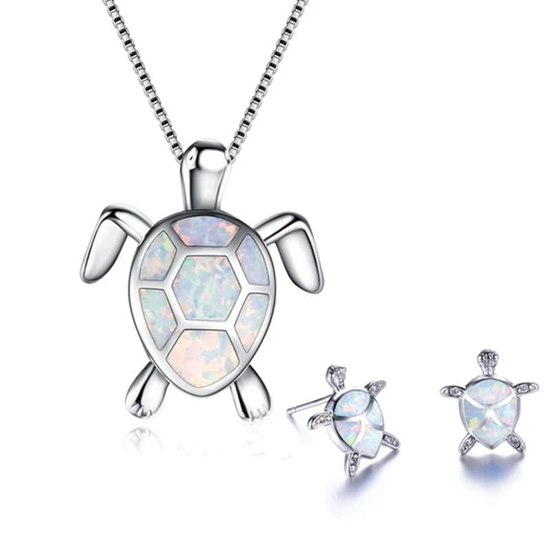 Cute Sea Turtle Necklace Earrings Jewelry SetsWhite