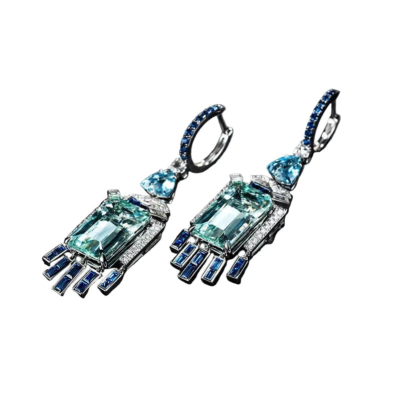 Long Style Design Silver Color Simulation Aquamarine Gemstone Earrings Women