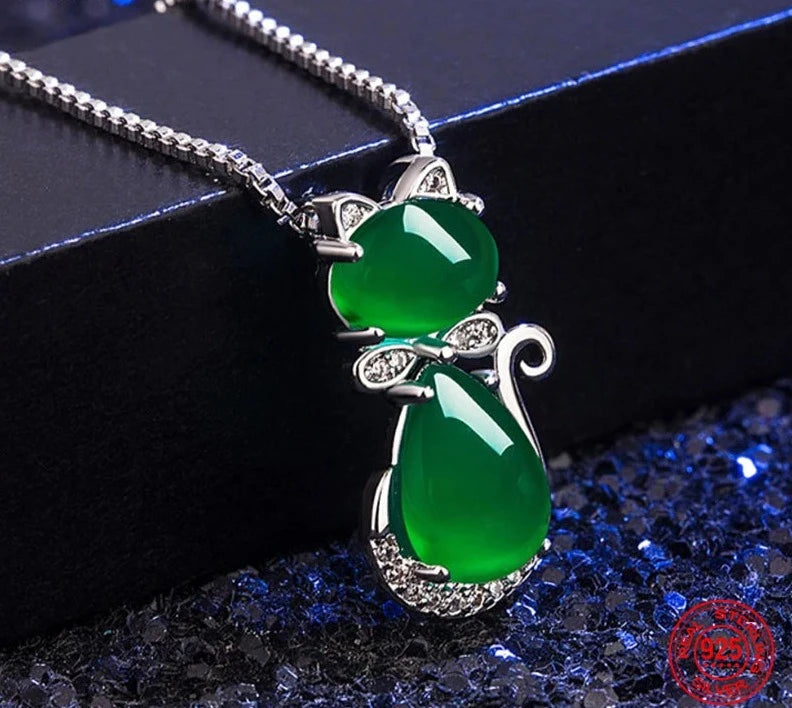 Cat Style 925 Sterling Silver Emerald Necklace