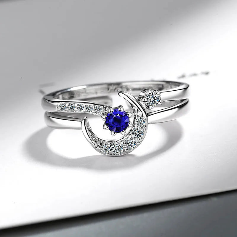 Fashion 925 Silver Ring With Star Moon Shape Sapphire Gemstones