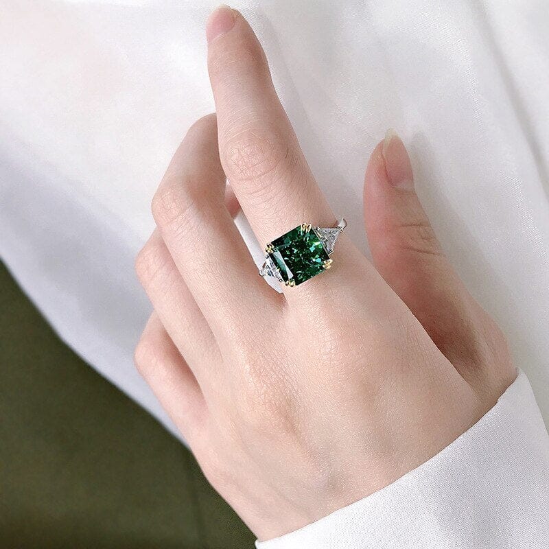 10*10mm Diamond and Emerald 925 Sterling Silver RingRing