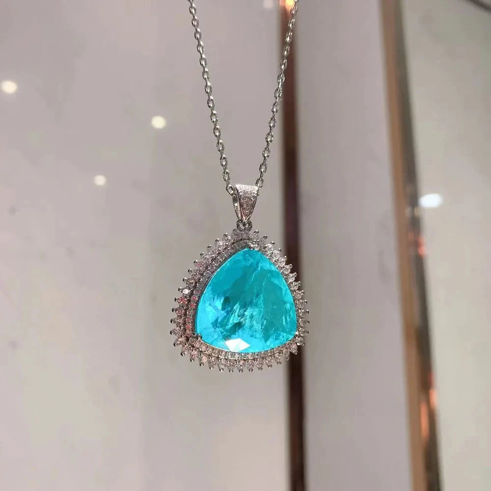 New Romantic Big Blue Stone Paraiba Aquamarine Diamond Pendant Necklace for Women Fine Jewelry