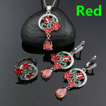 Flower Silver 925 Jewelry Set Sapphire Earrings Ring Pendant Necklace For WomenRed10