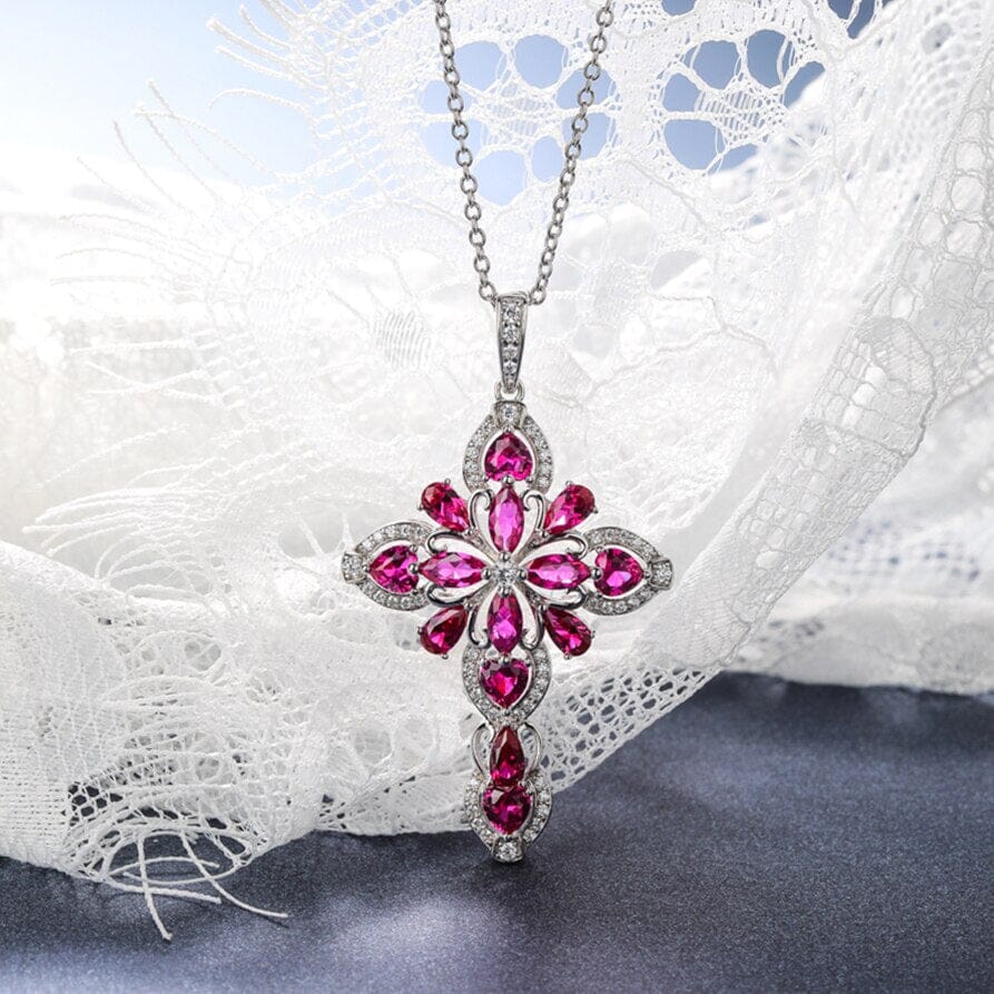 Big Cross Ruby and Tanzanite 925 Sterling Silver Pendant NecklaceNecklace