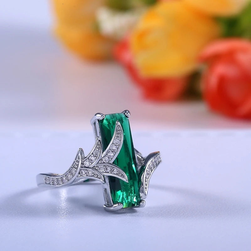 Classic Silver 925 Rings With 6*18mm Rectangle Shape Emerald GemstoneJS-CSR589green10