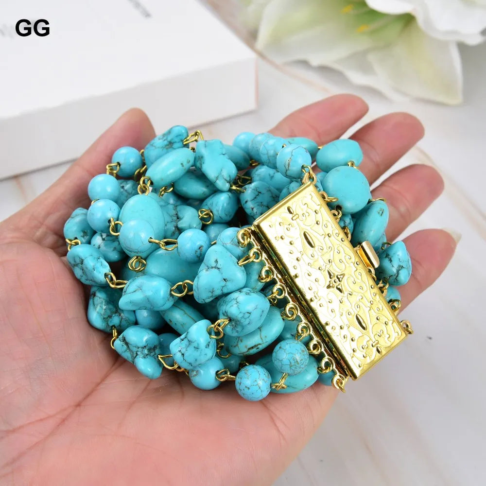 GG Jewelry Natural 9 Strands Blue Turquoise Gems Stone Bracelet Cute For Women