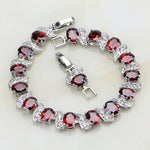 Silver Chain Link Bracelet Red Garnet White Cubic Zirconia