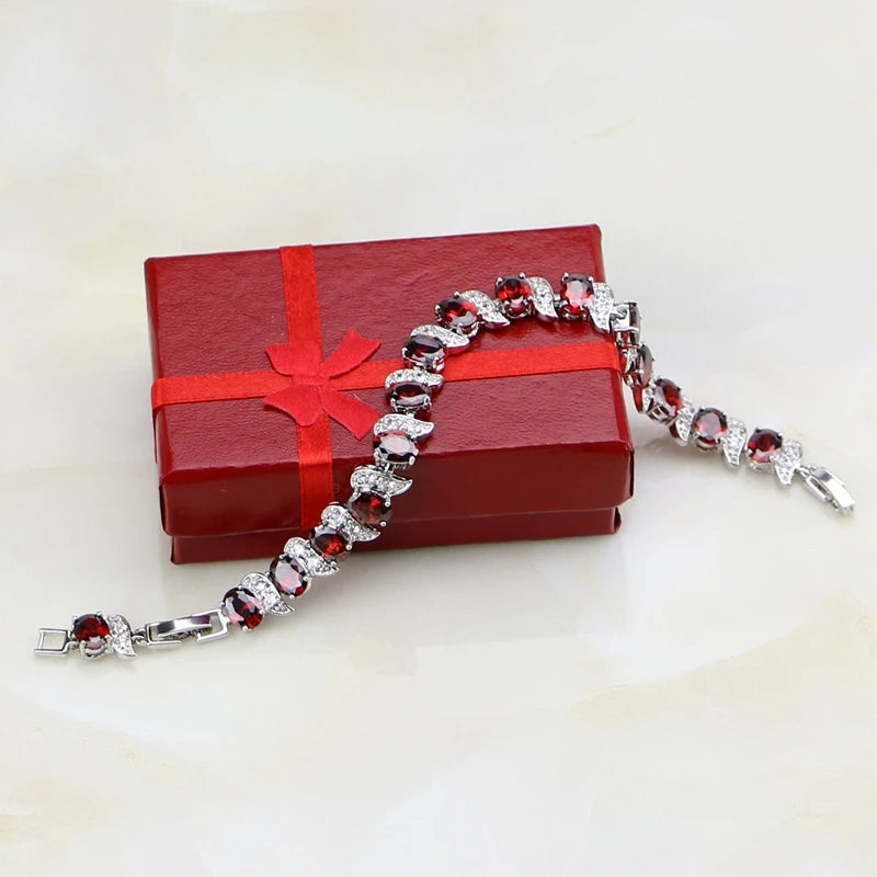 Silver Chain Link Bracelet Red Garnet White Cubic Zirconia