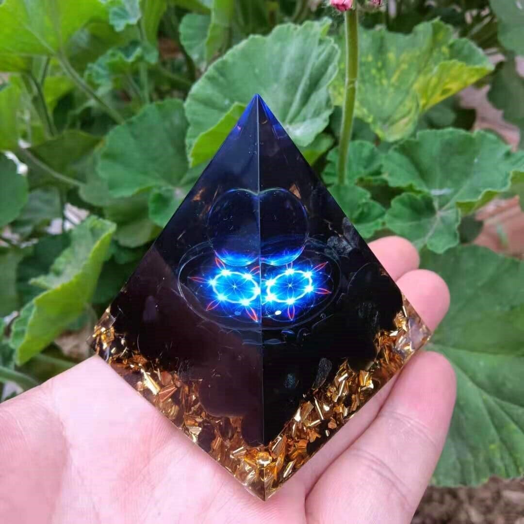 Handcrafted Obsidian Flower of Life Orgone Pyramid with K9 Blue Crystal SphereOrgone Pyramid