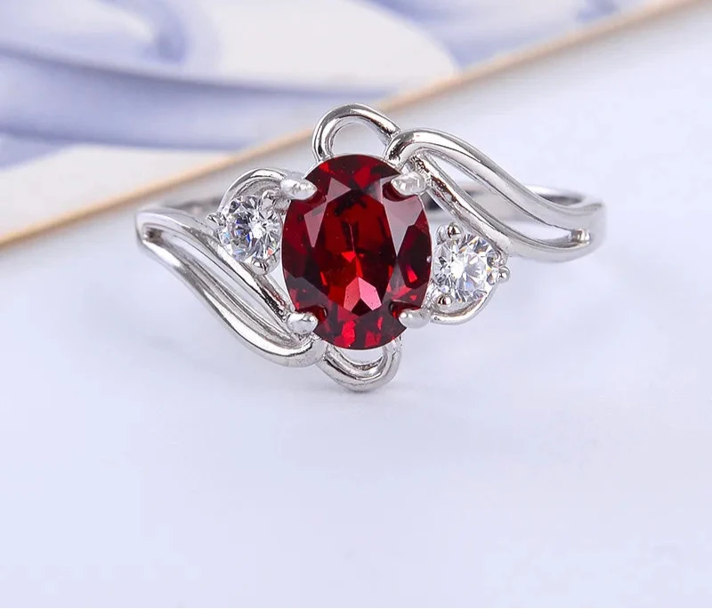 1.5ct Oval Birthstone 6*8MM Garnet Ring 925 Sterling Silver Wine Red