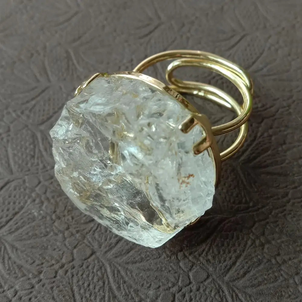 Natural Clear Rough Quartz Druzy Raw Gold Electroplate Resizable Ring