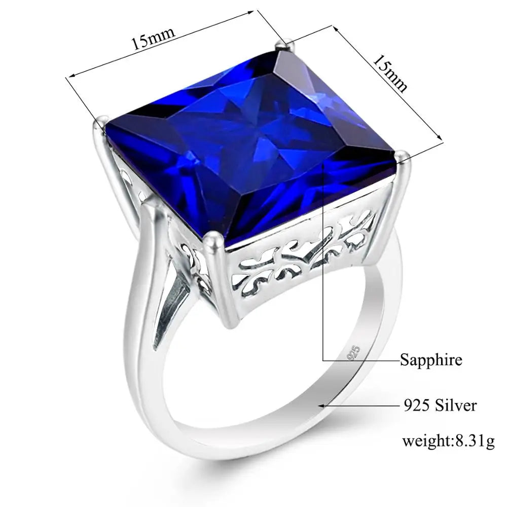 Blue Sapphire Rings Silver 925 Anillo Plata Square Gemstone Office Career Female Fine