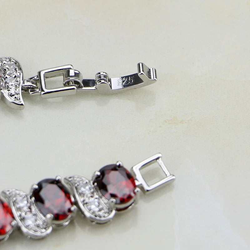 Silver Chain Link Bracelet Red Garnet White Cubic Zirconia