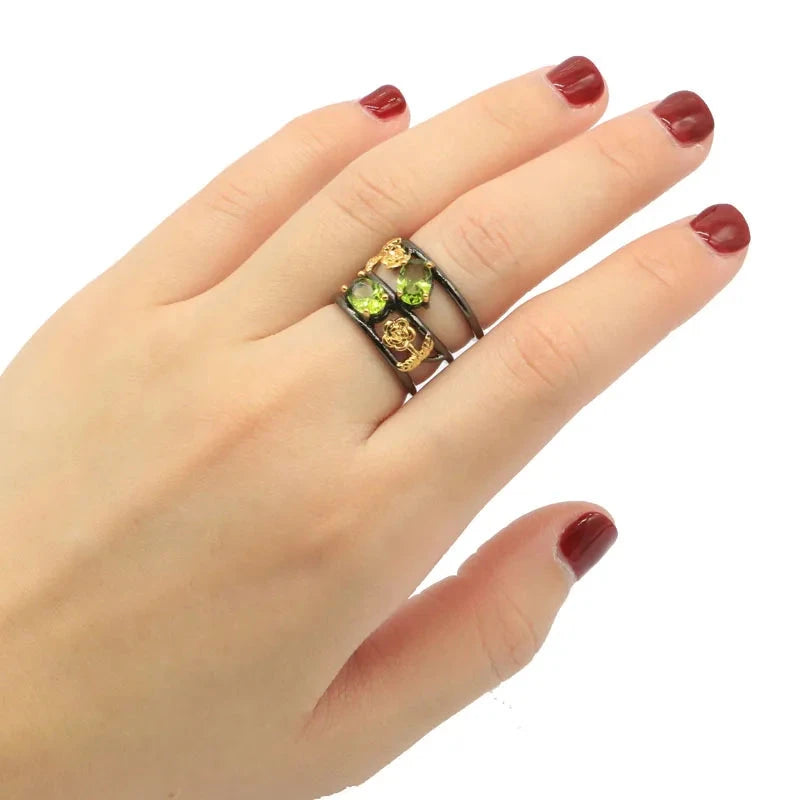 Aquamarine Green Peridot Gift for Sister Black Gold Silver Rings