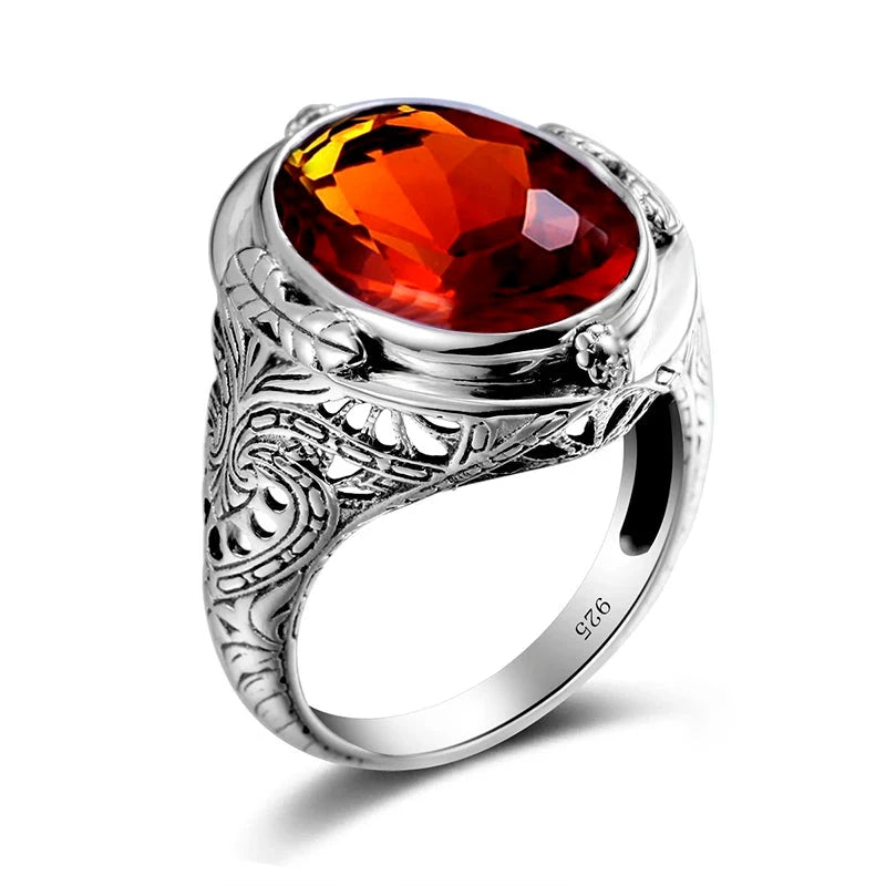 Aquamarine Ring Handmade Vintage Engraving Pattern Men's Ringruby R6