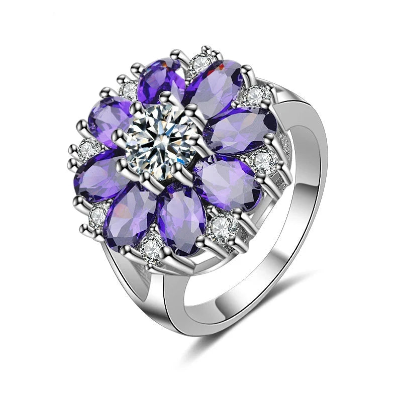 Ornaments Flower Shape Amethyst Zircon Gemstones Finger Ringpurple8