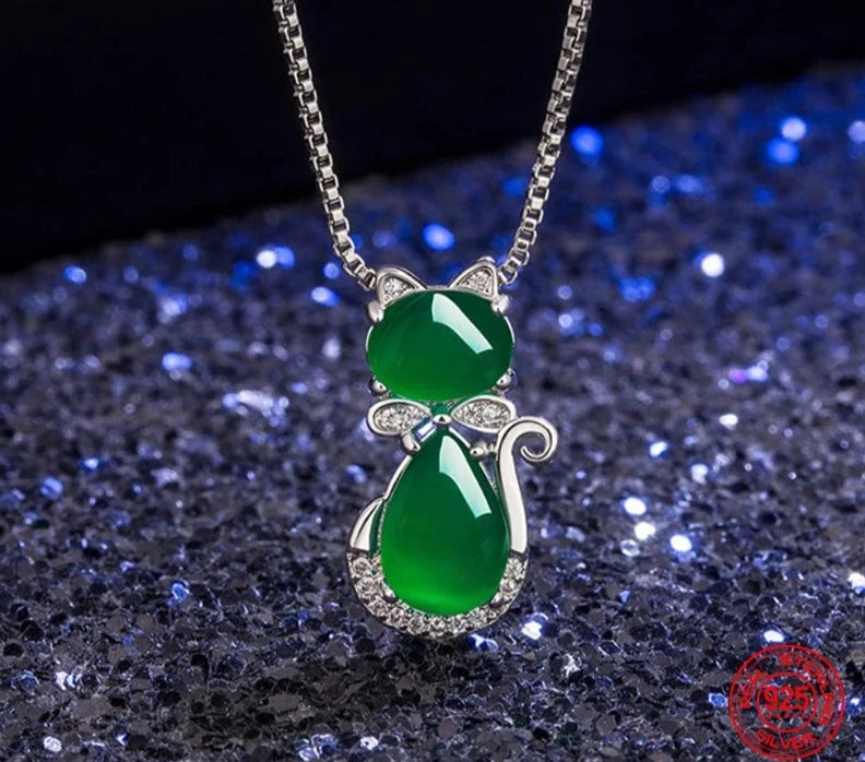 Cat Style 925 Sterling Silver Emerald Necklace50cm