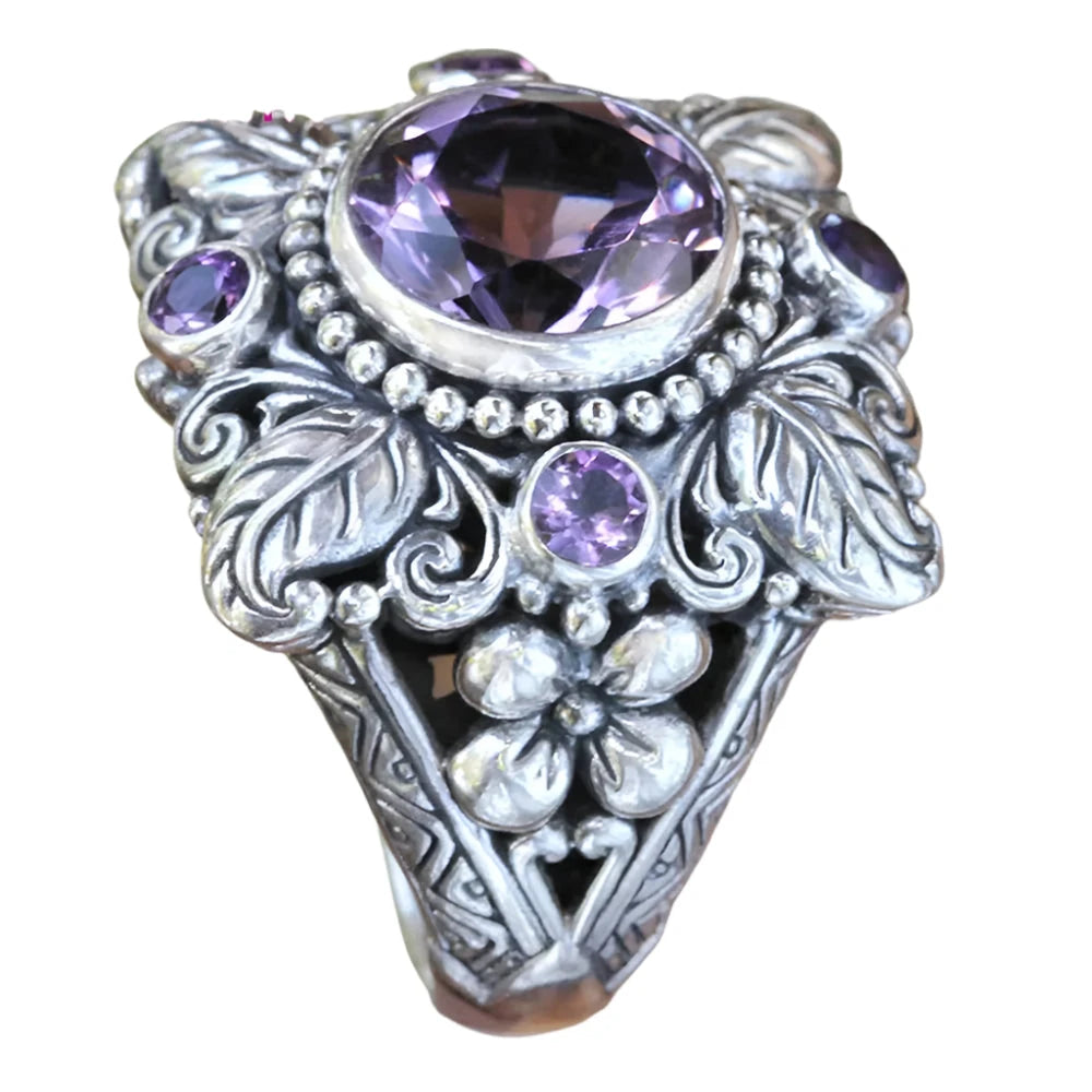 Punk Style Vintage Flower Silver Round Natural Amethyst Rings For Women Fine Jewelry