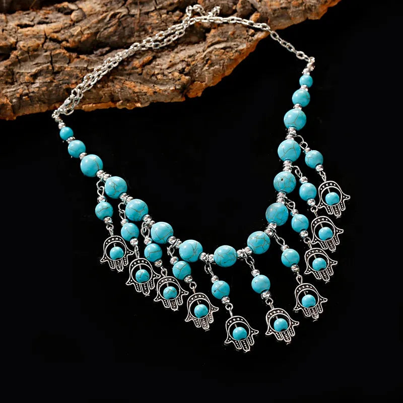 2024 Ethnic Hand Pendant Necklace Vintage TurquoisesNA2348-1