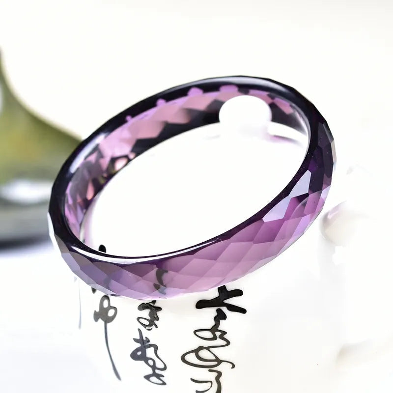 Genuine Natural Purple Amethyst Quartz Crystal Carved Faceted Cut Women Bangle Bracelet