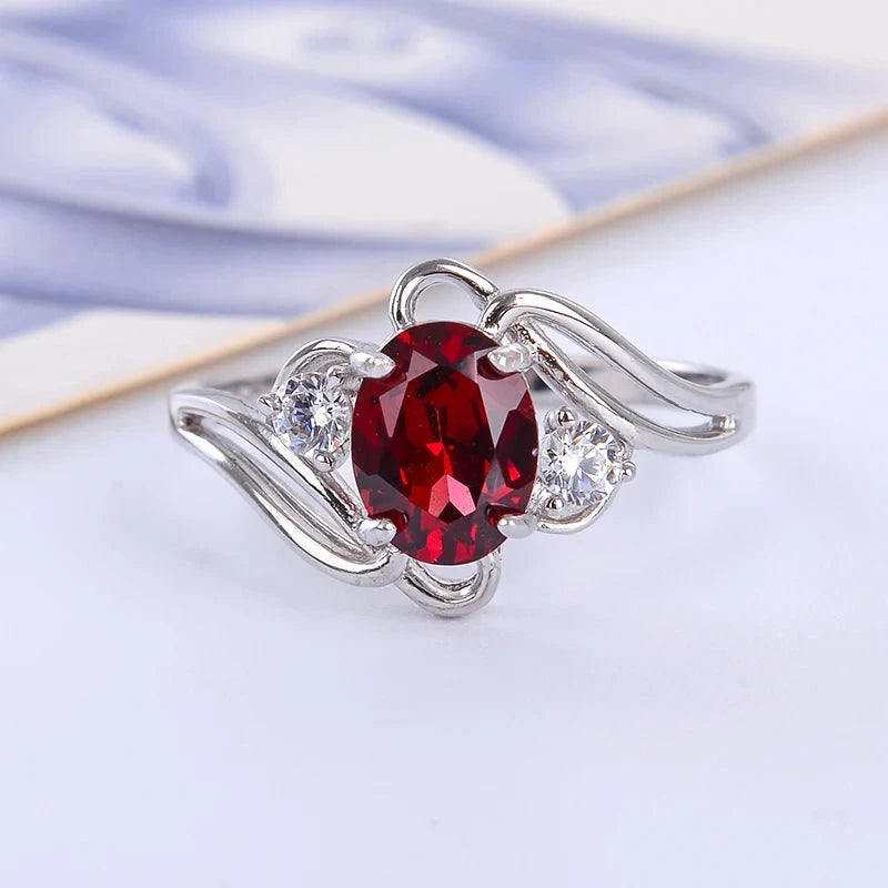 1.5ct Oval Birthstone 6*8MM Garnet Ring 925 Sterling Silver Wine RedPlatinum PlatedRed