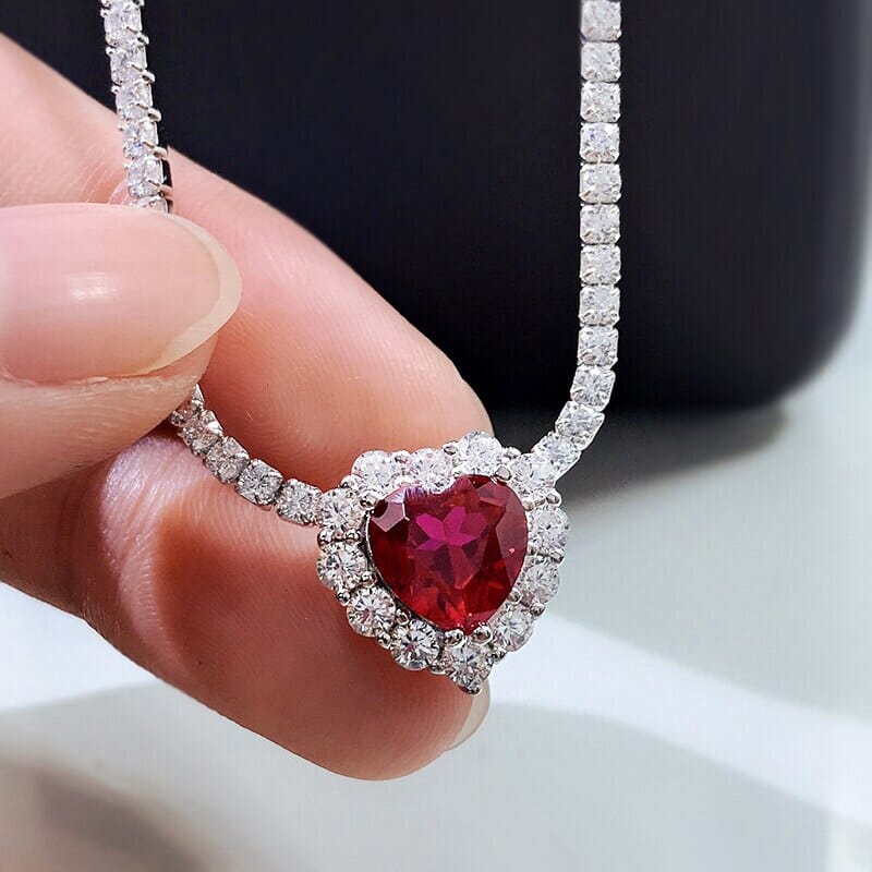 8*8mm Heart Ruby Diamond Pendant 925 Sterling Silver NecklaceNecklace