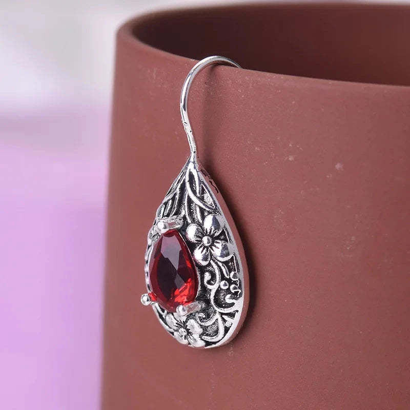 Carved Red Topaz Gemstone Garnet Earrings