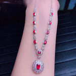 Flower Ruby and Diamond Pendant 925 Sterling Silver NecklaceNecklace