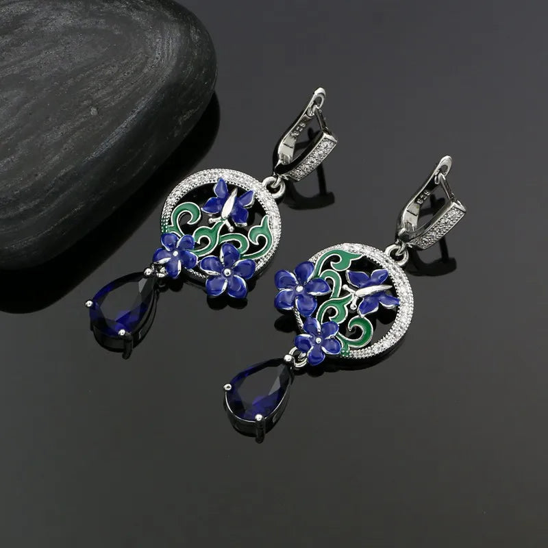 Flower Silver 925 Jewelry Set Sapphire Earrings Ring Pendant Necklace For Women