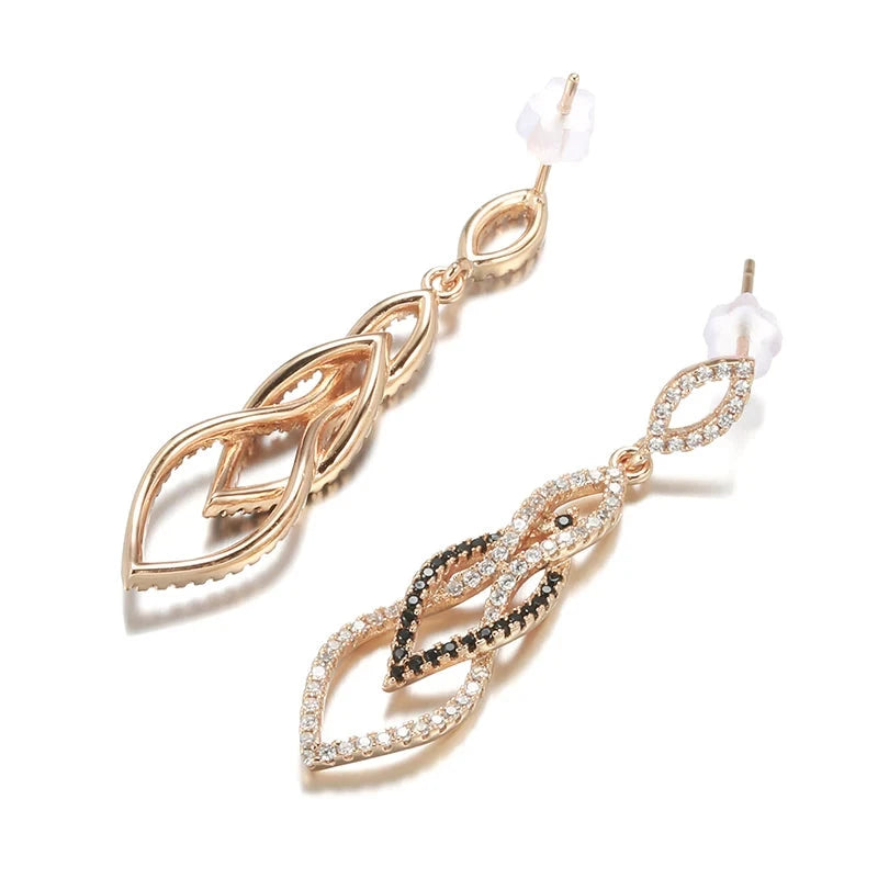 Luxury Rose Gold Long Drop Earrings with Black Zircon