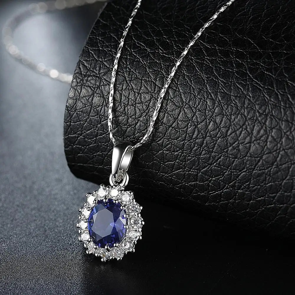 Elegant Oval Princess Diana William Sapphire Pendant Necklace