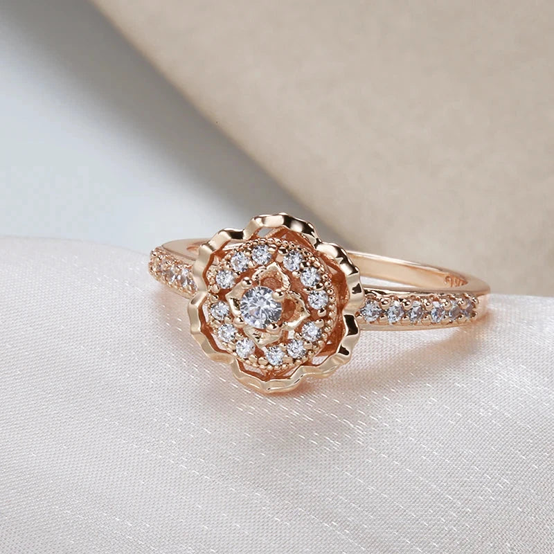 Crystal Rose Flower 585 Rose Gold Natural Zircon Ring for Women