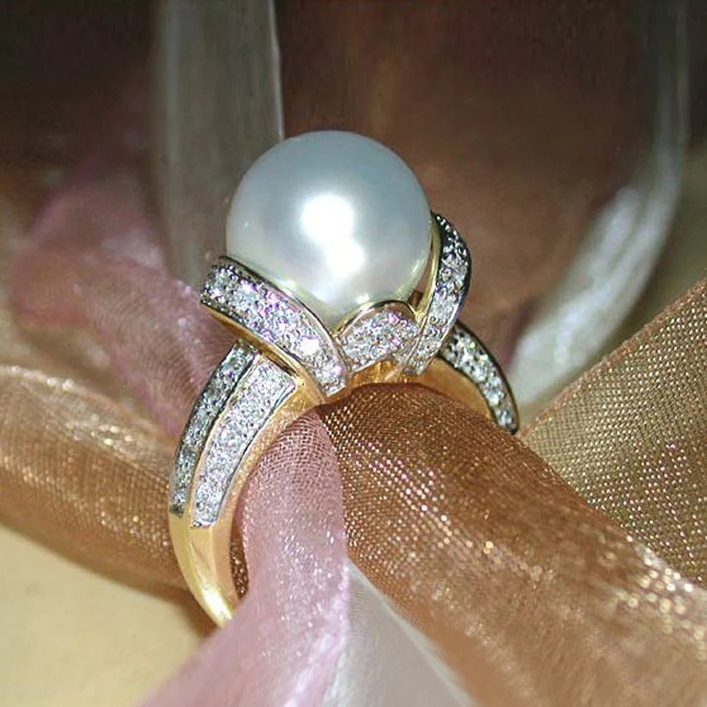 Elegant Pearl Gold Color Wedding RingsGold colorGold-color