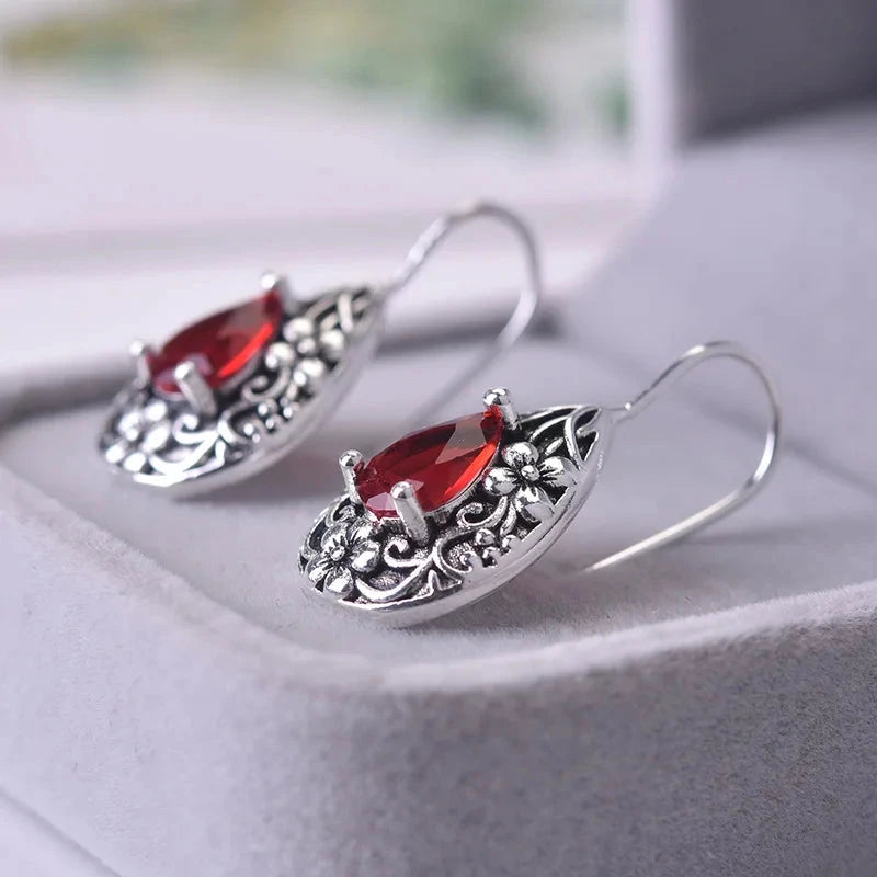 Carved Red Topaz Gemstone Garnet Earrings